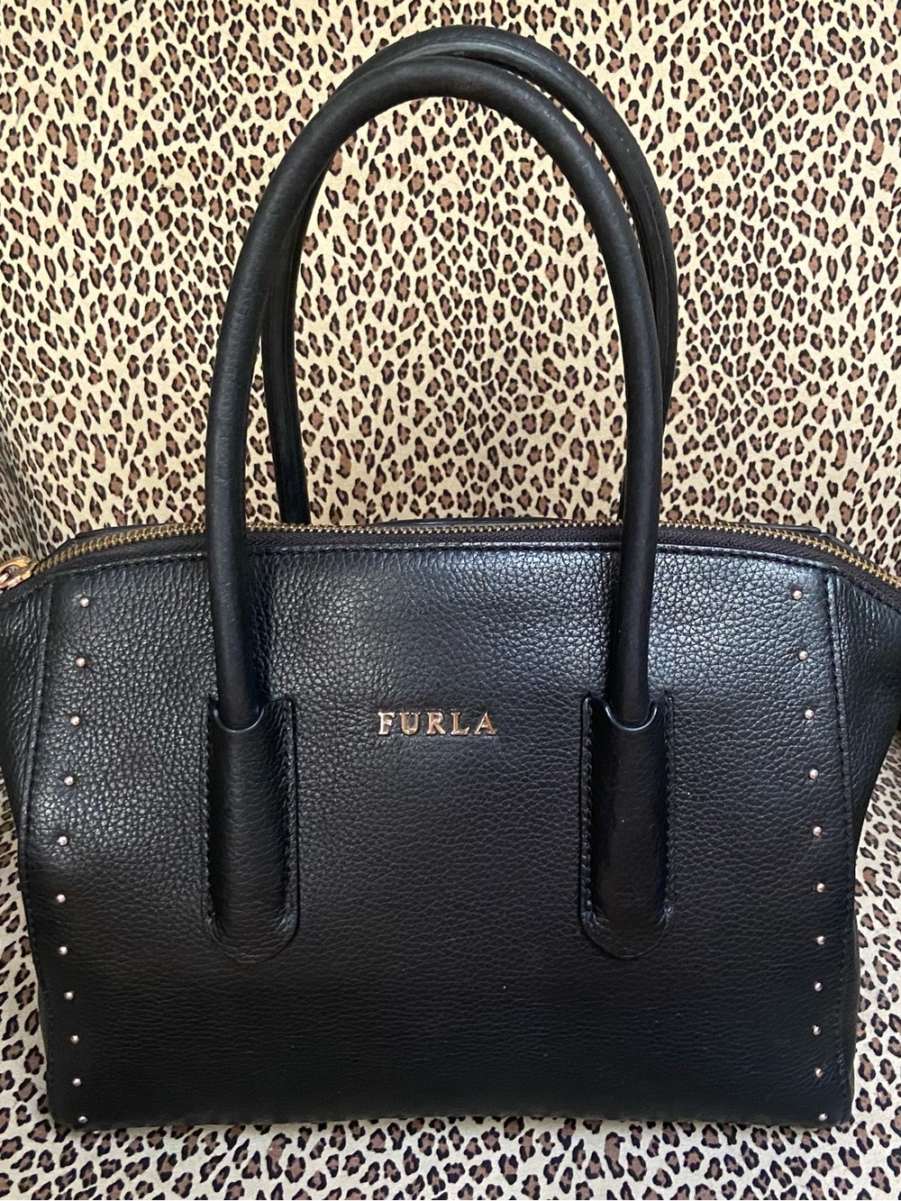 Furla Black Pebbled Leather Satchel with Gold Logo